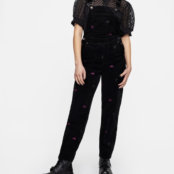 Disturbia Black Styx Moth Embroidered Corduroy Balloon Leg Overalls 26 - Picture 7 of 9